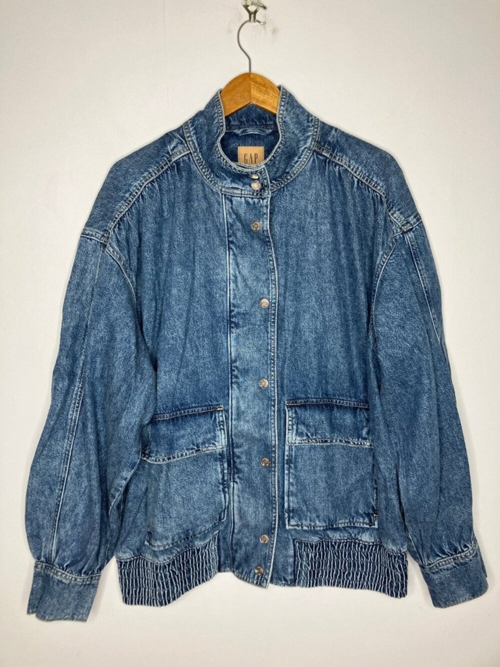 GAP Women's Blue UltraSoft Denim Bomber Jacket Large Tall Full Zip Snap Pockets